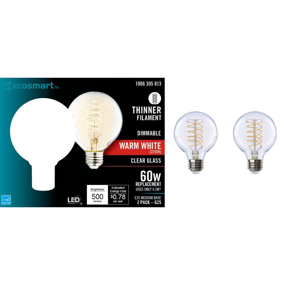 EcoSmart 60-Watt Equivalent G25 Dimmable Fine Bendy Filament LED Vintage Edison Light Bulb Warm White (2-Pack) G25C6E26822S