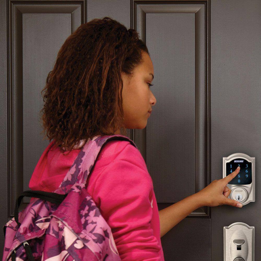 Schlage Camelot Satin Nickel Connect Z-Wave Plus Smart Wifi Deadbolt Door Lock and Accent Handle Handleset with Camelot Trim BE469ZPVCAM619FE285GCAM619ACCCAM