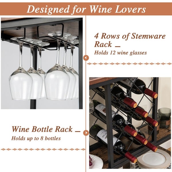 3-Tier Wine Bar Cabinet wit 8 Bottles Rack and 12 Glasses Hanger-Rustic Brown - 39.5