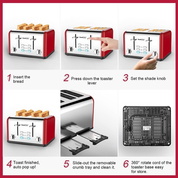 4 Slice Toaster， Stainless Steel Toaster with Cancel/Defrost Function