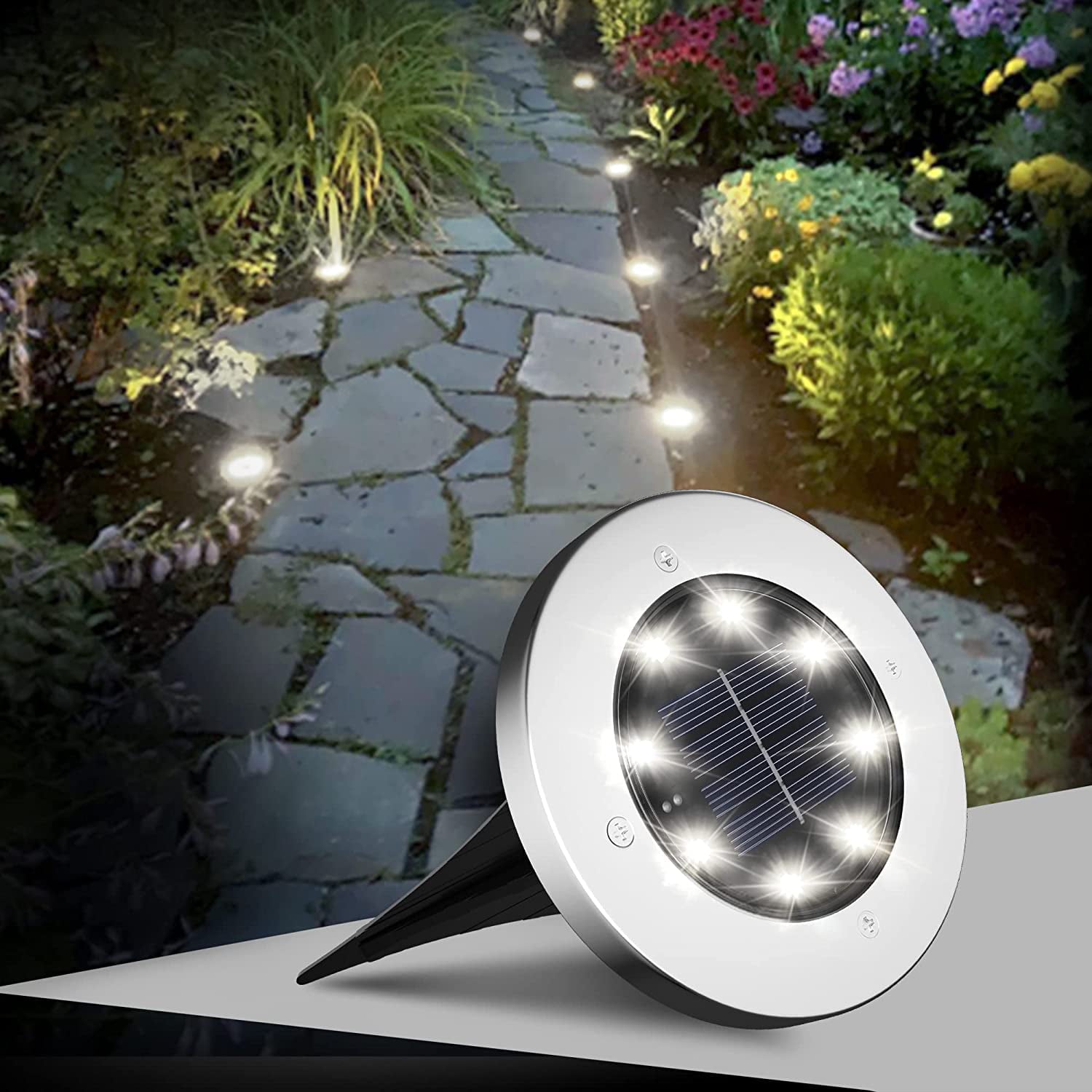 Otdair 8 Pack Solar Ground Lights， 8 LED White Disk Lights for Pathway， Yard， Walkway， Patio Landscape， Waterproof In-Ground Outdoor Solar Garden Lights