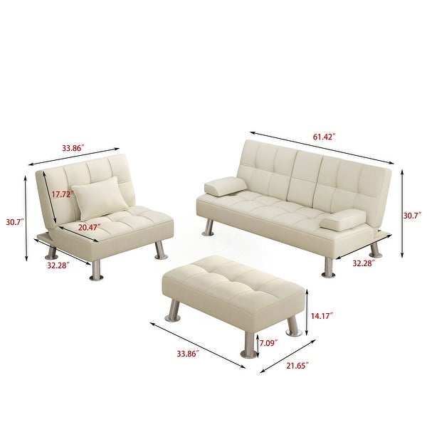 3 pcs Fabric Folding Sofa Set with Loveseat with 2 cup holder，Single Sofa Bed and Ottoman