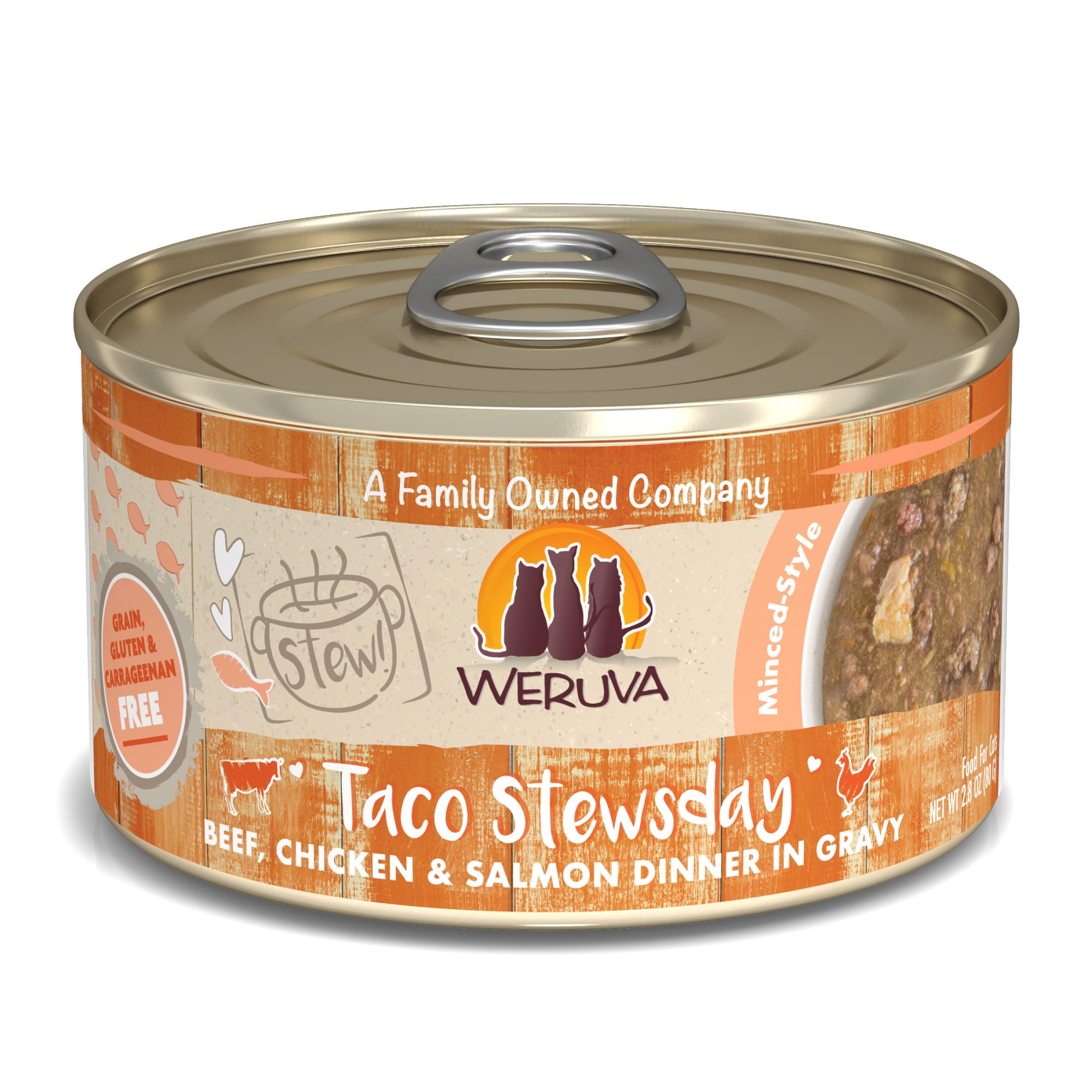 Weruva Stew! Taco Stewsday Beef， Chicken  Salmon Dinner in Gravy Wet Cat Food， 2.8 oz.， Case of 12