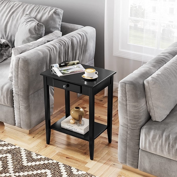 Table with Drawer Black End Table Narrow Bedside Tables with 2-Tier Storage Shelves Versatile Night Stand