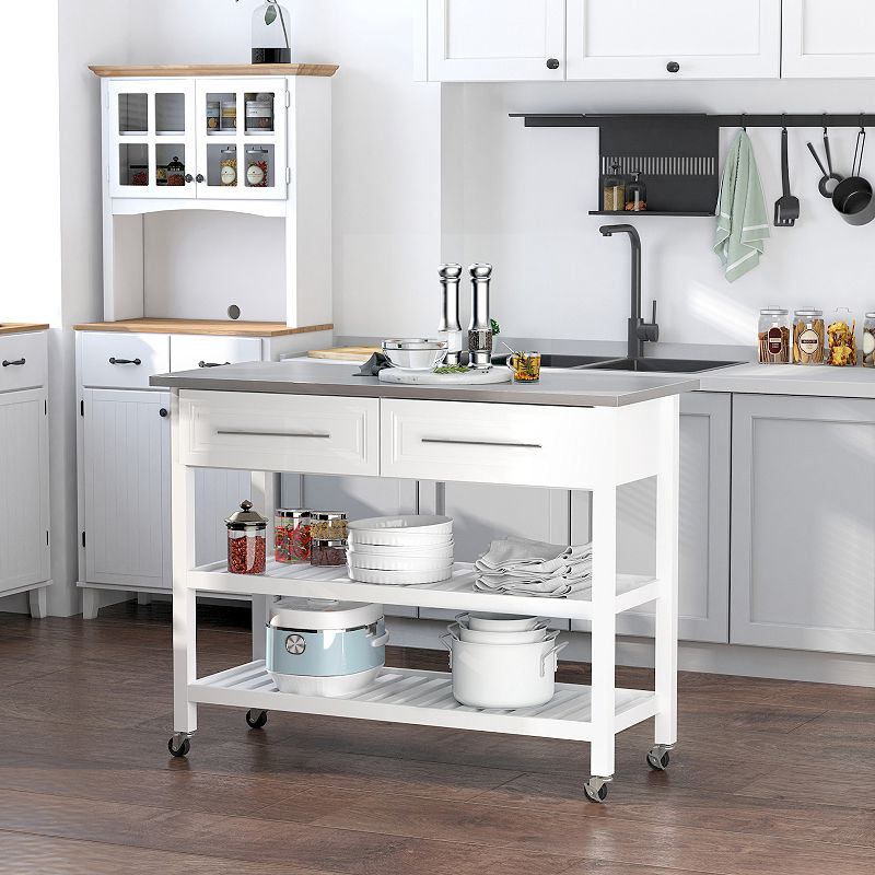 HOMCOM Stainless Steel Top Kitchen Island Rolling Utility Trolley Cart with Stainless Steel Top   White