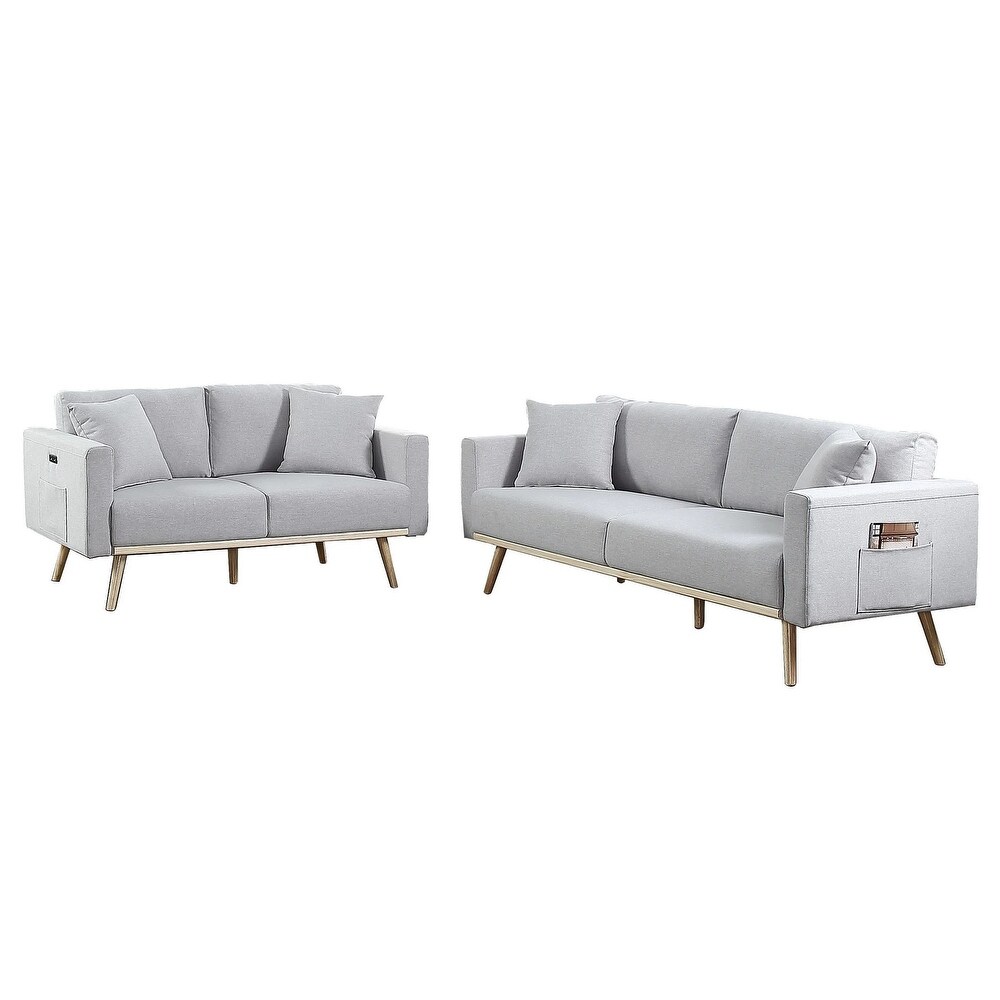 Mico 75 Inch 2 Piece Sofa and Loveseat Set  USB Ports  Light Gray Fabric