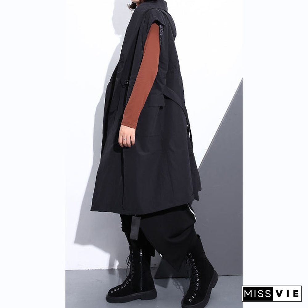 Fine black cotton blended tops plus size hooded tie waist clothing tops Elegant Sleeveless coats