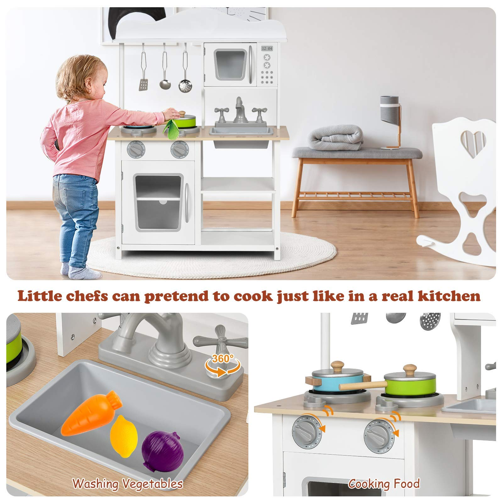 Costzon Kids Kitchen Playset, Wooden Play Kitchen w/ Sink (White)