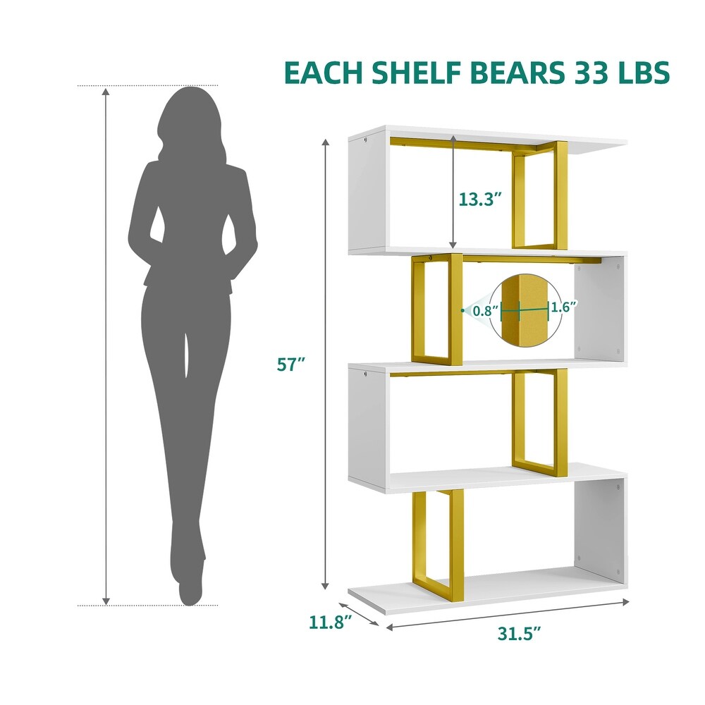 Hermoth Wood 5 Tier Bookshelf S Shaped Z Shelf Bookshelves and Bookcase Gold White
