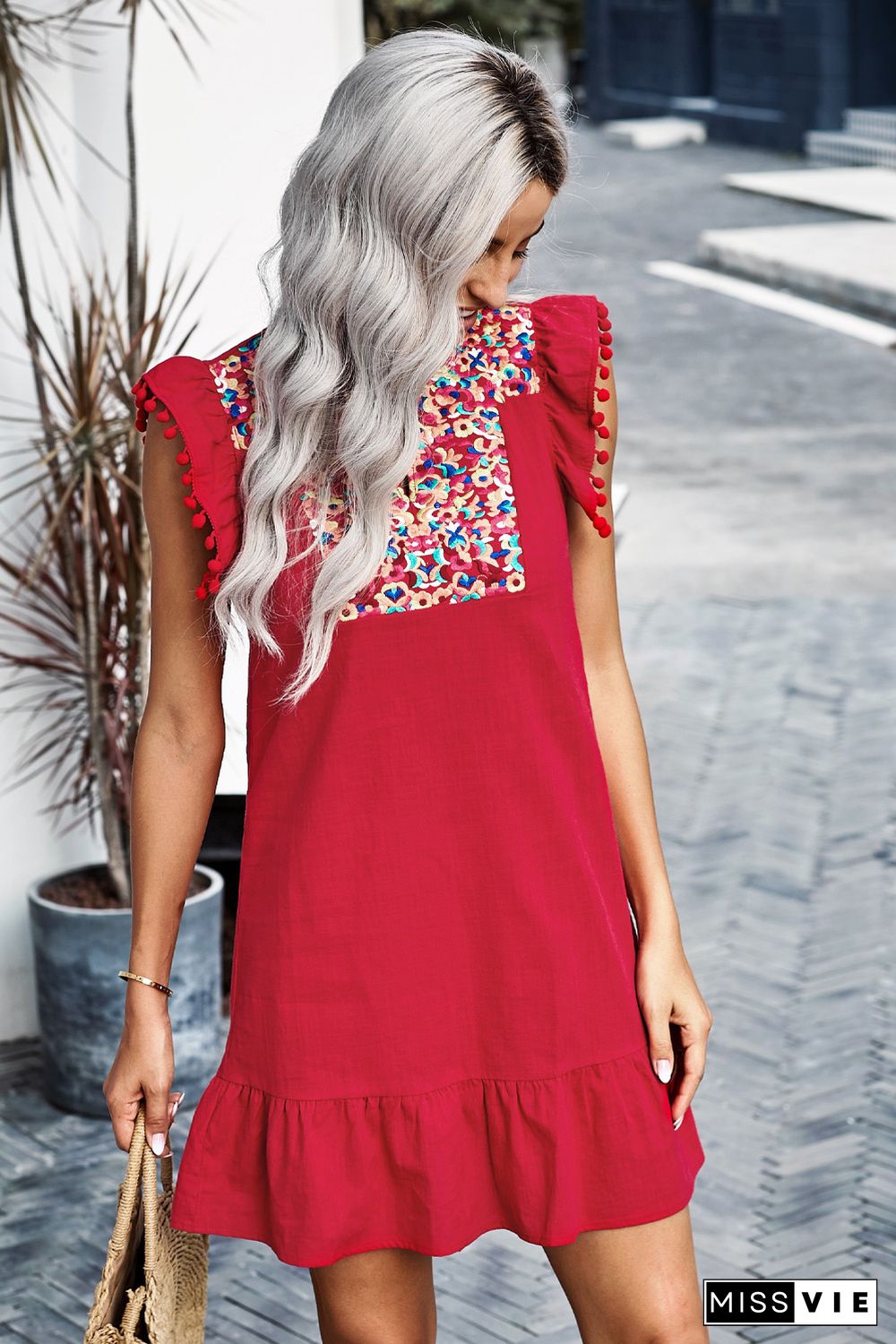 Red Boho Print Pompom Sleeve Shift Dress