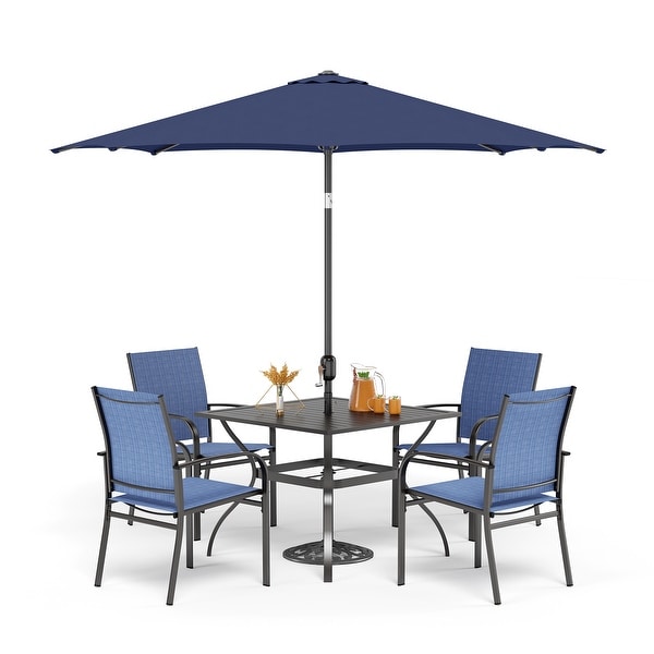 MAISON ARTS 6Piece Patio Dining Set，37 Inch Square Metal Table and 4 Textilene Dining Chairs with 9ft Patio Umbrella