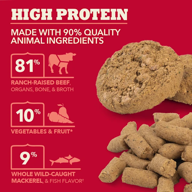 ACANA Grain Free High Protein Fresh and Raw Animal Ingredients Ranch-Raised Beef Recipe Freeze Dried Morsels Dog Food， 8 oz.