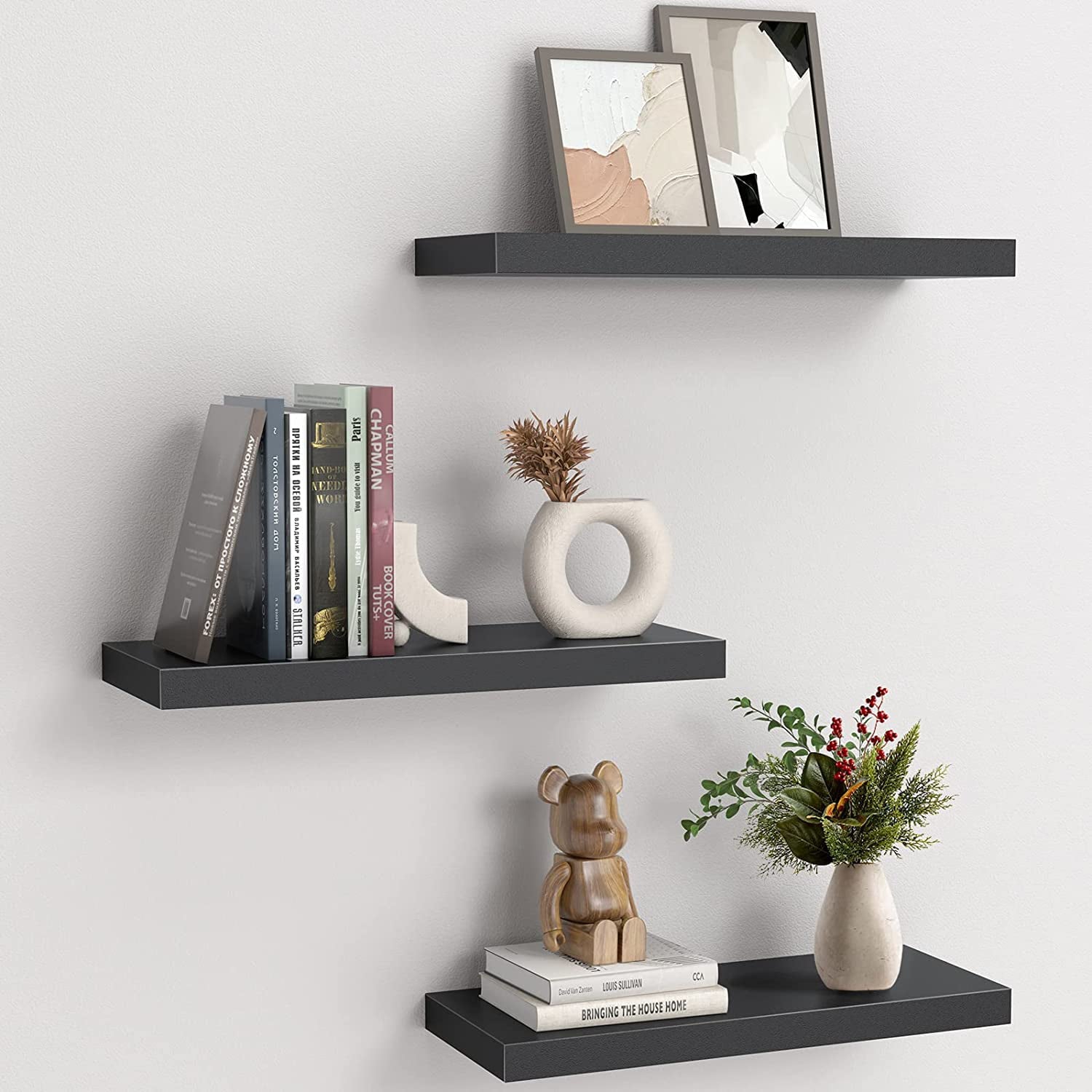 Black Sets of 3 Wall Shelves with Invisible Metal Brackets , for Bedroom, Bathroom, Living Room, and Kitchen