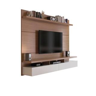 Manhattan Comfort City 87 in. Off-White and Maple Cream Composite Floating Entertainment Center Fits TVs Up to 80 in. with Wall Panel 25253