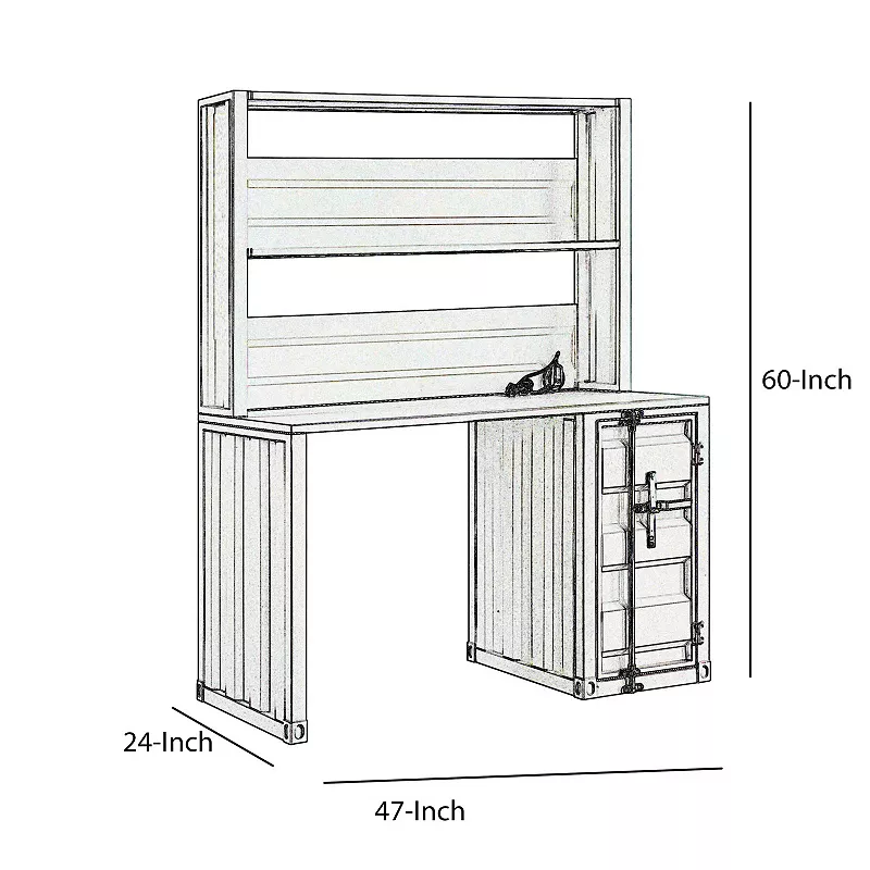 Metal Base Desk and Hutch with Slated Pattern and Storage Compartment， White