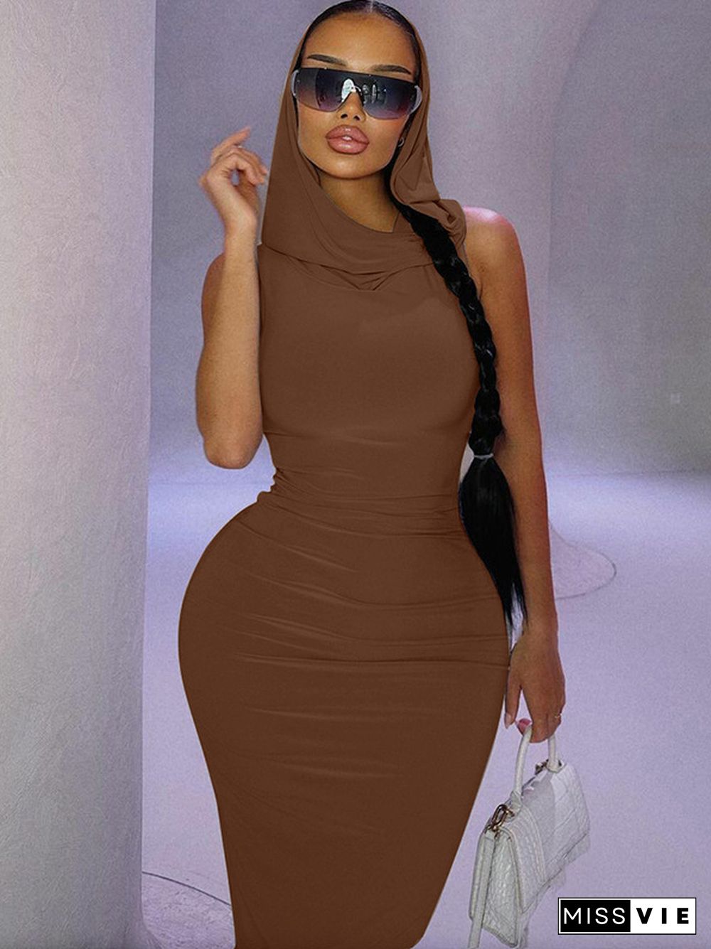 Bodycon High Waisted Hooded Solid Color Split-Back Maxi Dresses