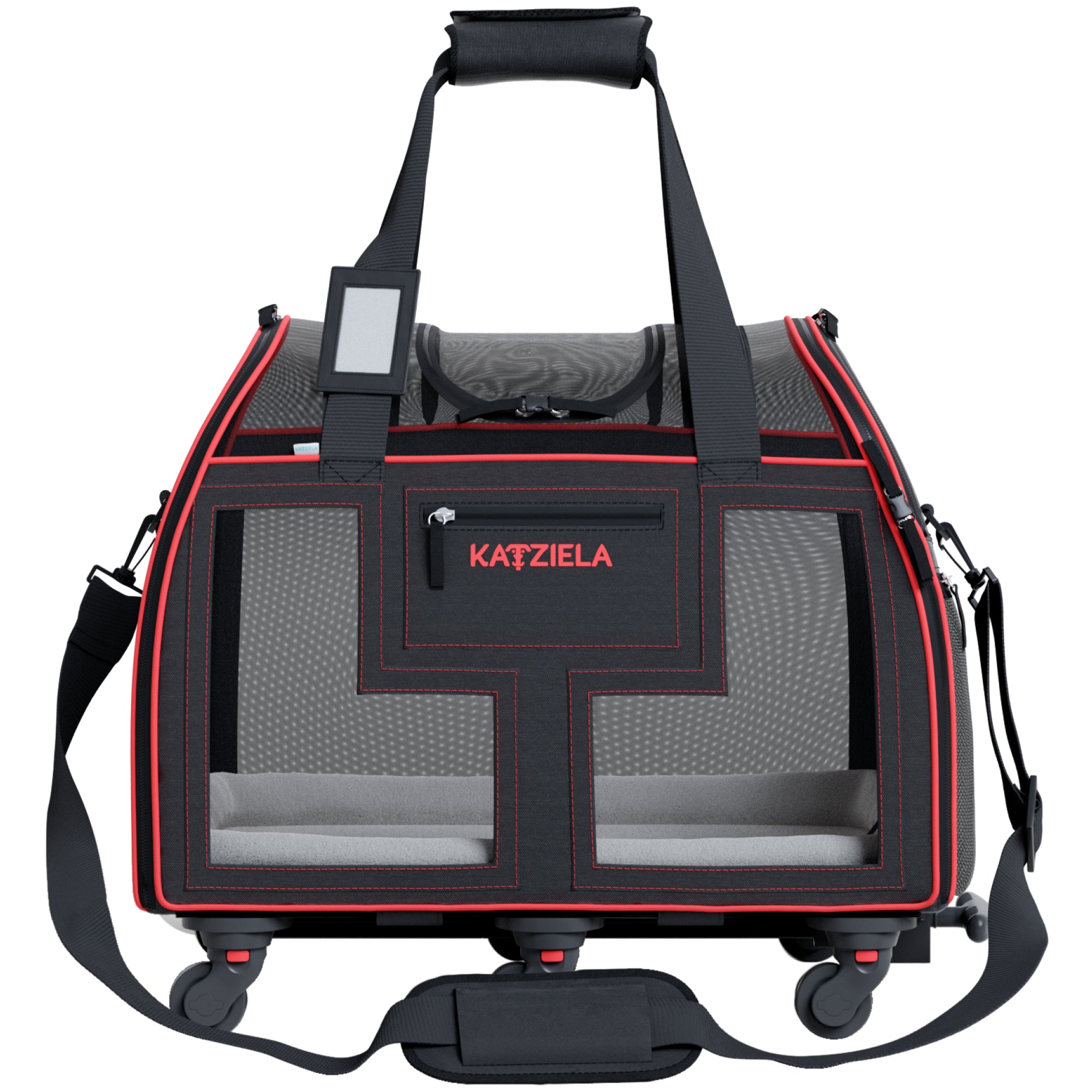 Katziela Luxury Lorry Pet Carrier with Removable Wheels - Telecopic Handle - Airline Approved (Black/Red)