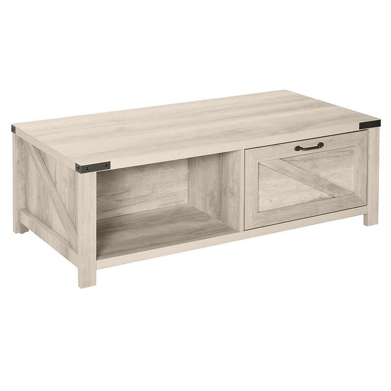 HOMCOM Farmhouse Coffee Table with Drawer and Storage Open Shelf for Living Room White Oak