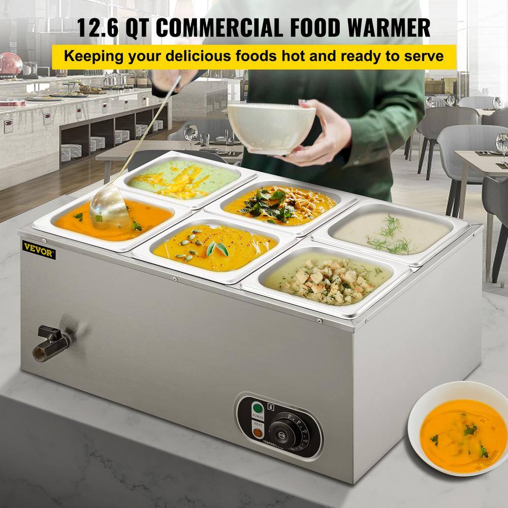 VEVOR 6 in. Deep Commercial Food Warmer 6 x 16GN 6-Pan Stainless Steel Bain Marie Steam Table 12.6 Qt. Capacity 1500-Watt PT6BM-33A110VUKDKV1