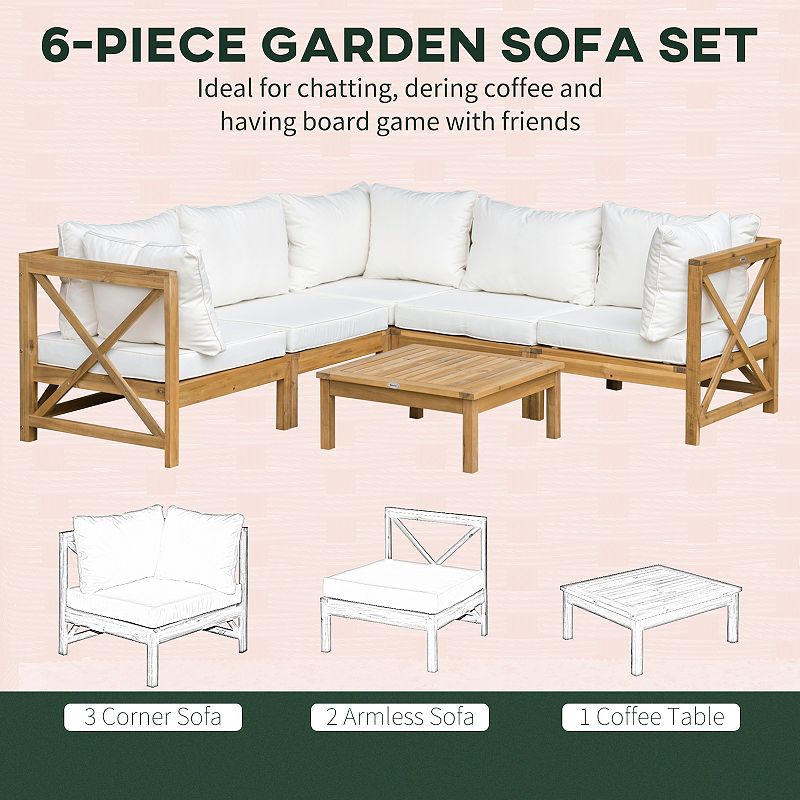 Outsunny 6 Pieces Patio Furniture Set with 4 Thick Cushions， Acacia Wood Outdoor Furniture Sectional Conversation Modular Sofa with Back Pillows for Garden， Backyard， Cream White