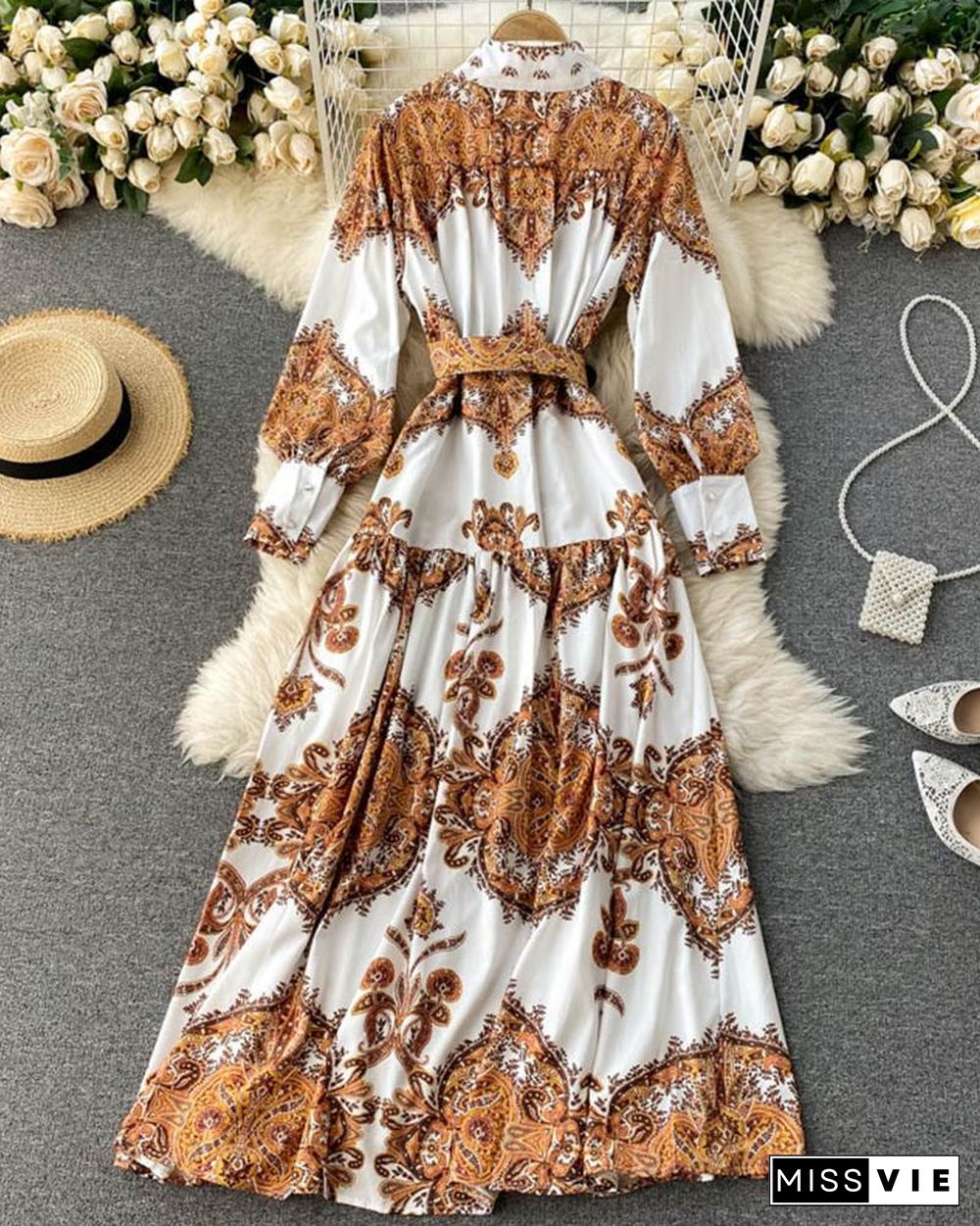 Vintage All Over Print Long Sleeve Maxi Dress With Belt P16174