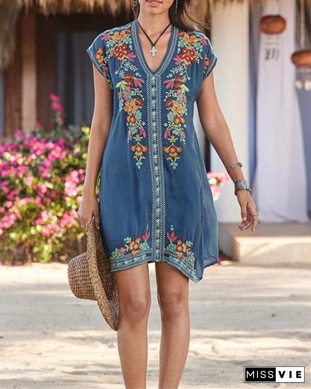 Plus Size Bohemian Embroidery V Neck Mini Dress