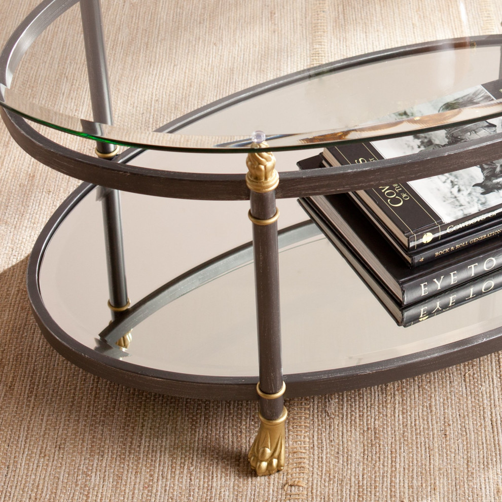 Classic Coffee Table  Dark Gray Metal Frame With Golden Accents  Oval Glass Top   Traditional   Coffee Tables   by Declusia  Houzz