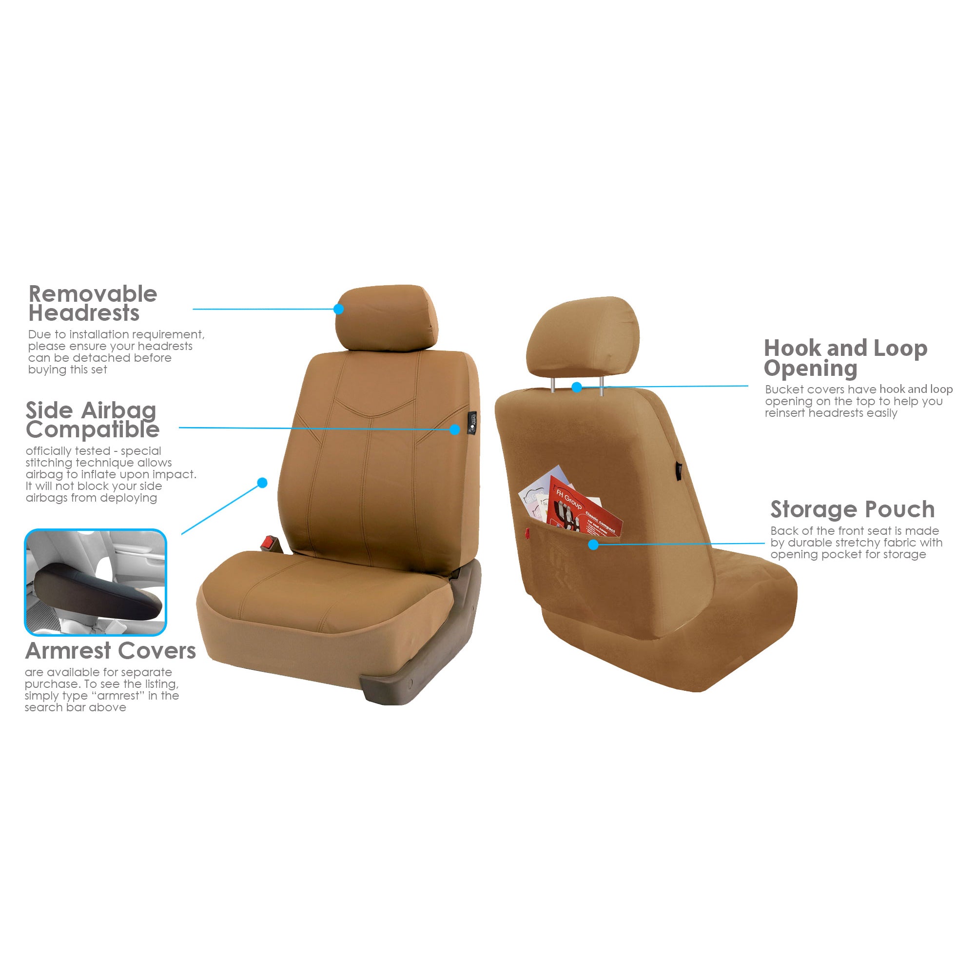 FH Group PU Leather Airbag Compatible Split Bench Seat Covers for Auto， Full set with Carpet Floor Mats， Beige