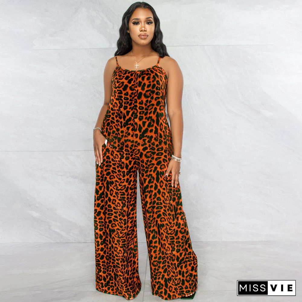 Leopard Spaghetti Strap Loose Plus Size Jumpsuits