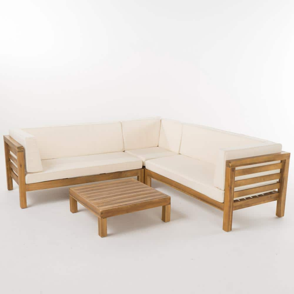 Noble House Oana Teak Brown Finish 4-Piece Wood Outdoor Sectional Set with Beige Cushions 55317