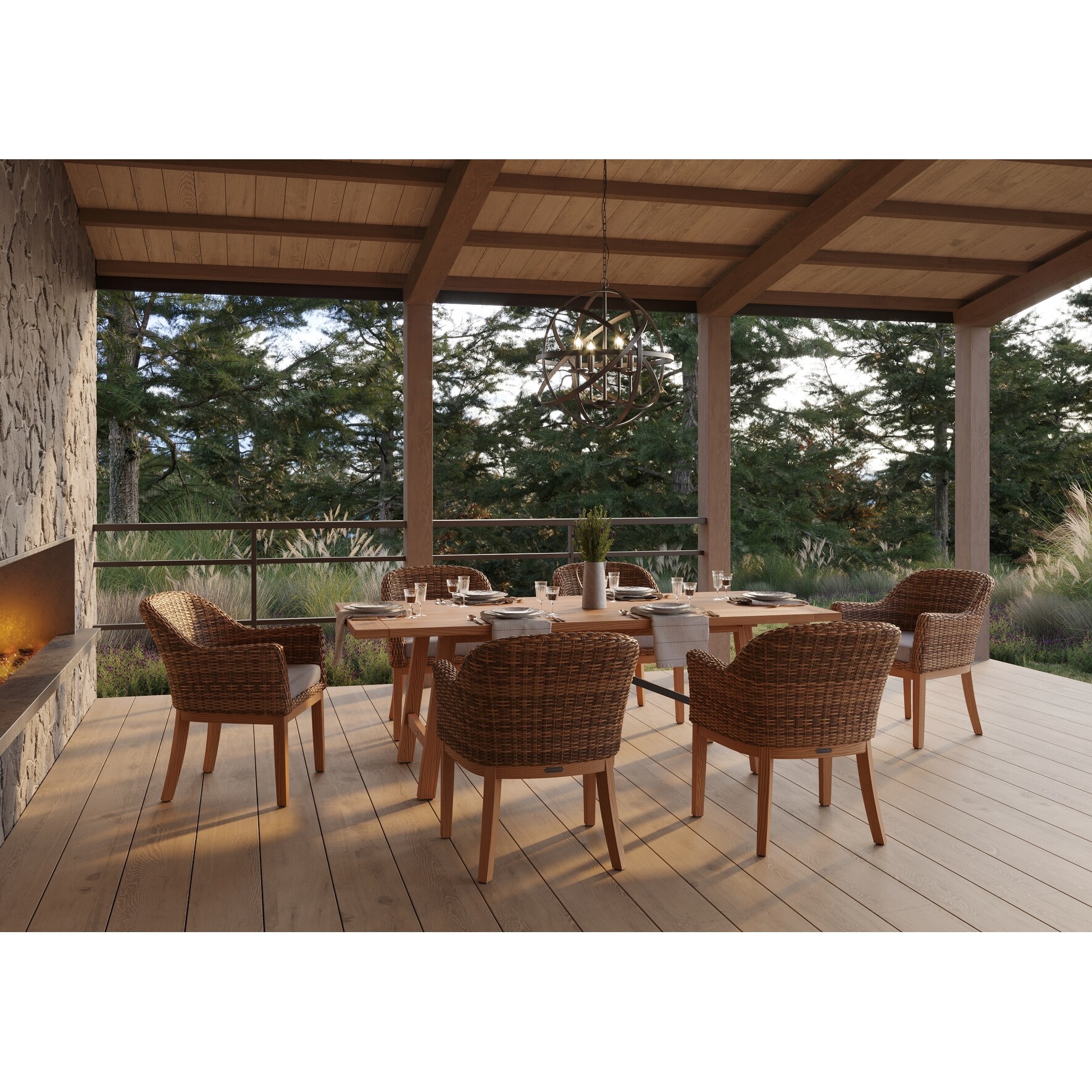 Winston Truss 7-Piece Natural Teak with Vintage Earth Weave Woven Side Chair and Teak Dining Table Dining Set - Overstock - 32282758