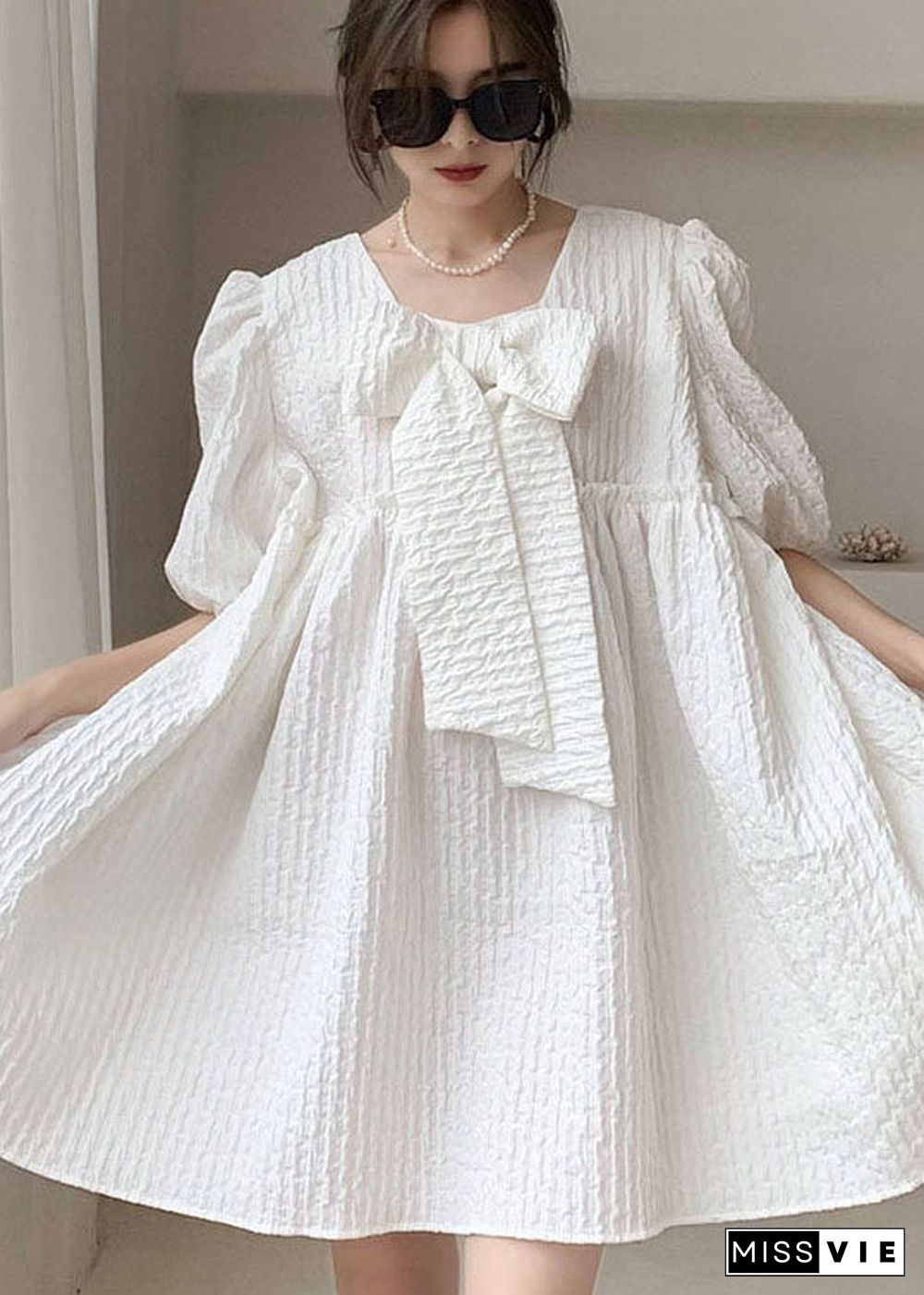 Plus Size White Ruffled Bow Patchwork Cotton Vacation Dress Spring