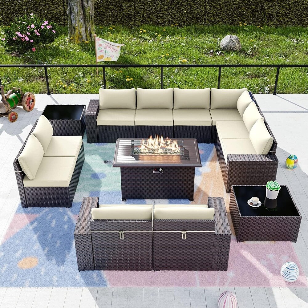 Kullavik 13 Pieces Outdoor Patio Furniture Set with Fire Pit Table