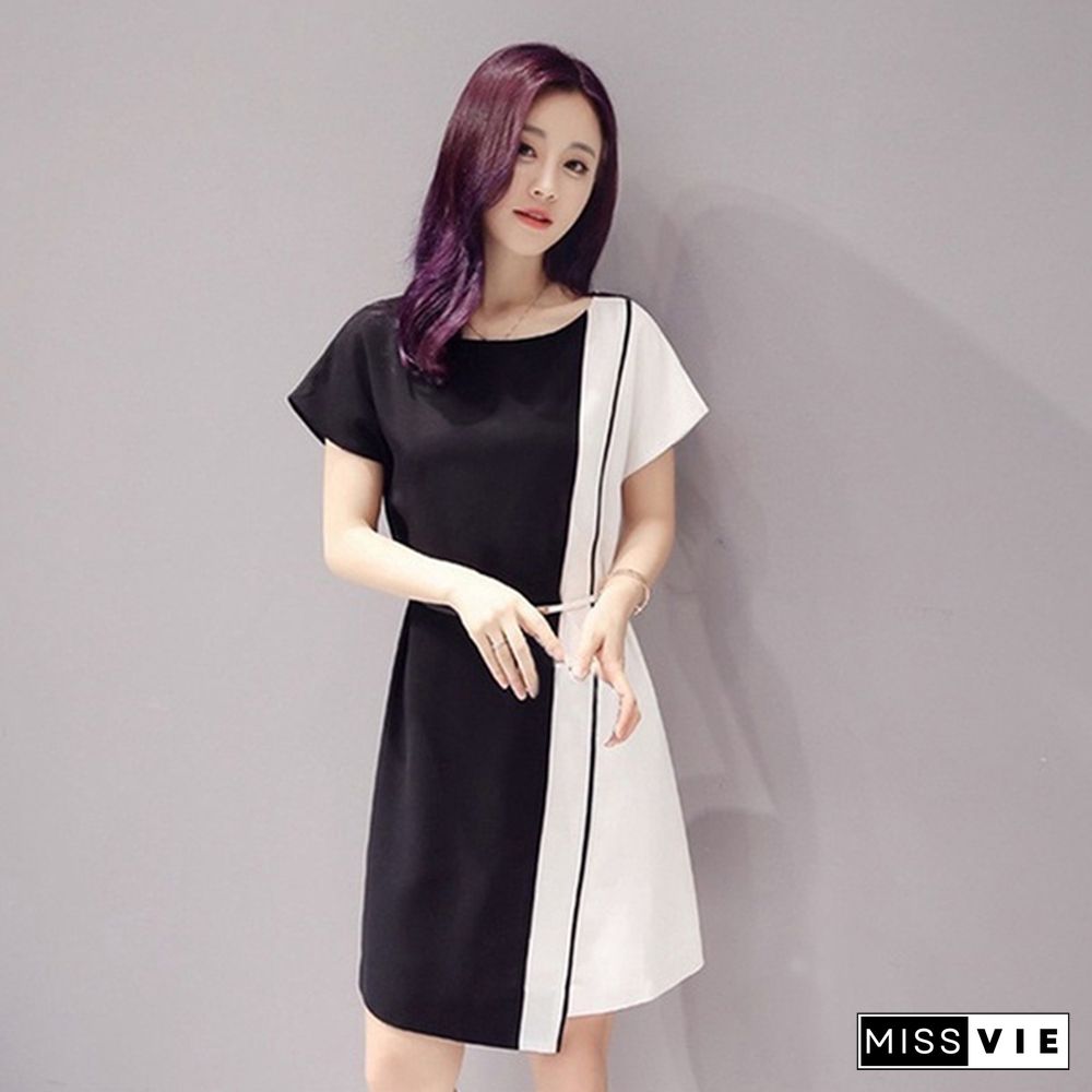 Summer Women Fashion Chiffon Mini Dress Black White Short Sleeve O-Neck Dress