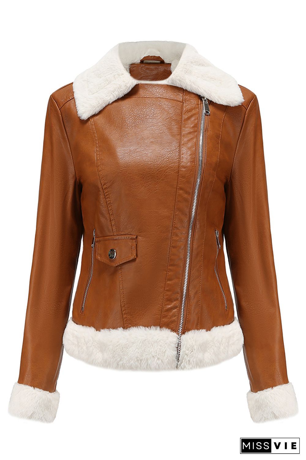 Fleece Leather Jacket with Pockets