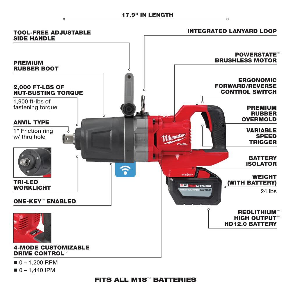 Milwaukee M18 FUEL 1 in. D-Handle High Torque Impact Wrench with ONE-KEY Kit 2868-22HD from Milwaukee