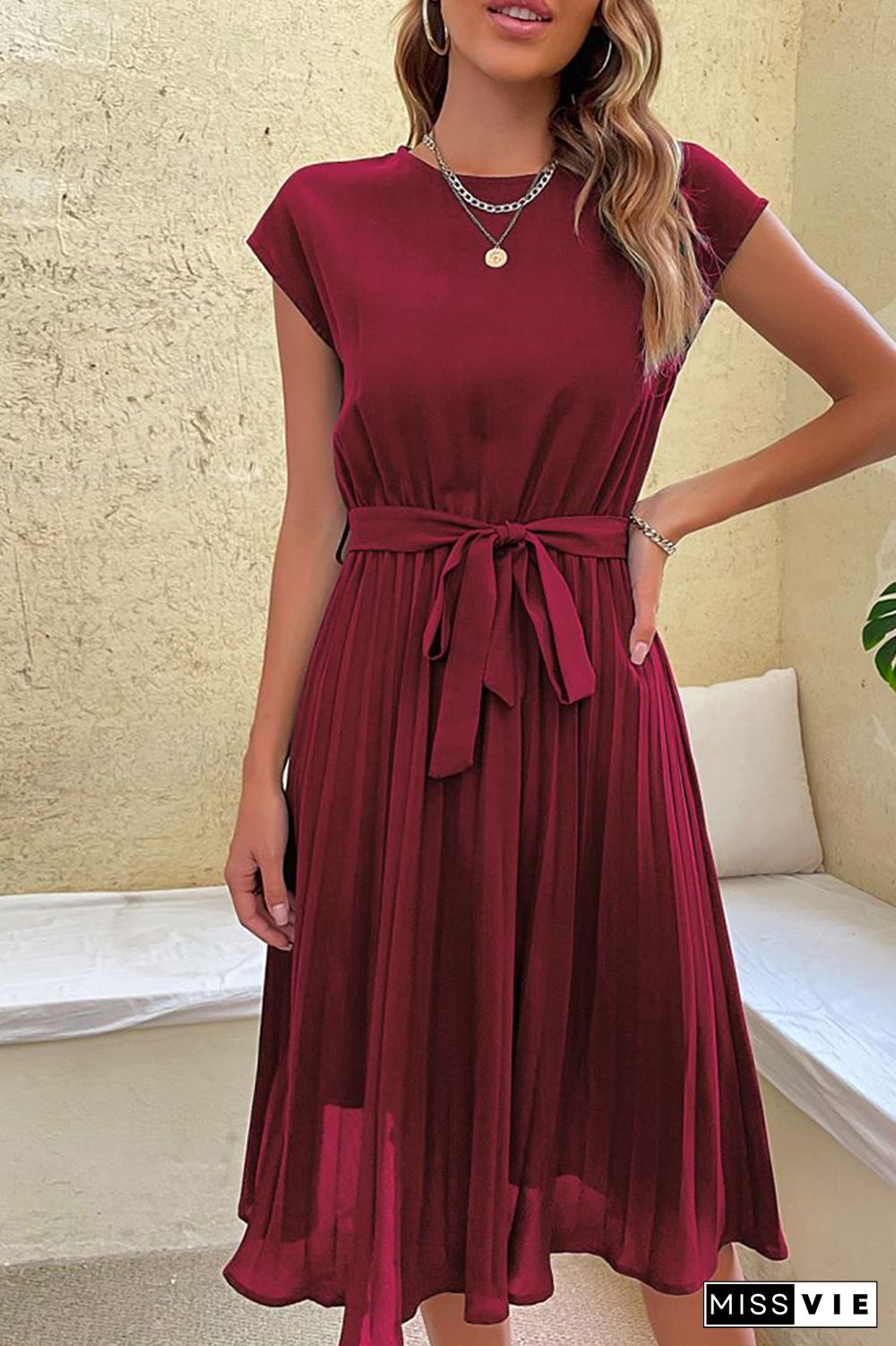 Plain Pleated with Belt Short Sleeves Midi Dress