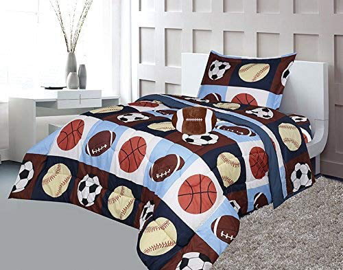 Golden Linens Twin Size 3 Pieces Printed Navy Blue， Sky Blue， Brown， Orange Kids Sports Basketball Football Baseball Comforter/Coverlet Set with Decorative Cushion Toy Pillow # 02-3Pcs