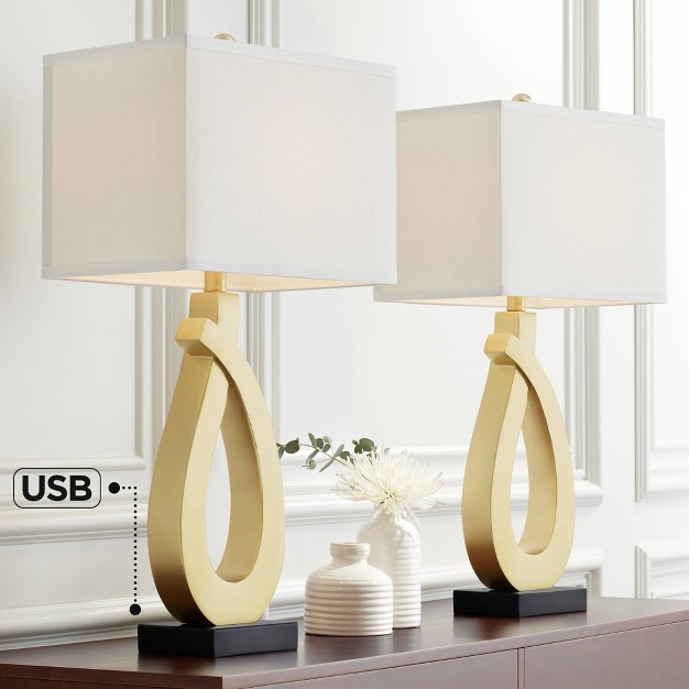 Tall Set Of 2 Sculptural Gold Metal Usb Charging Port White Rectangular Shade Bedroom Living Room