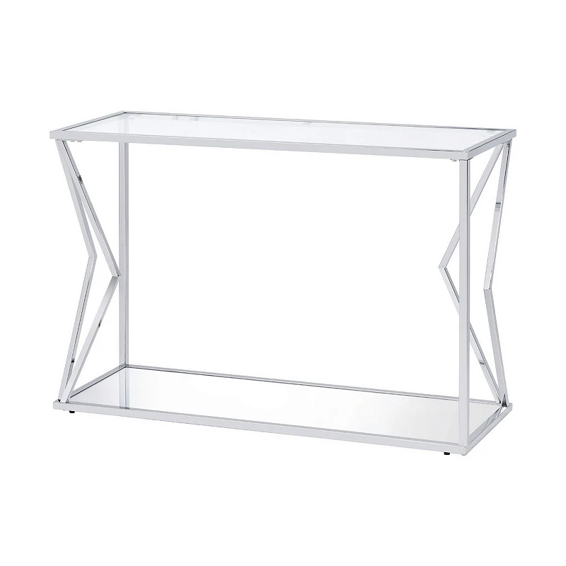 Sofa Table with Glass Top and Bottom Shelf and Geometric Accent， Silver