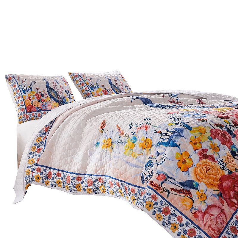 Tess Microfiber 2 Piece Twin Quilt Set， Peacock， Floral Print， Multicolor