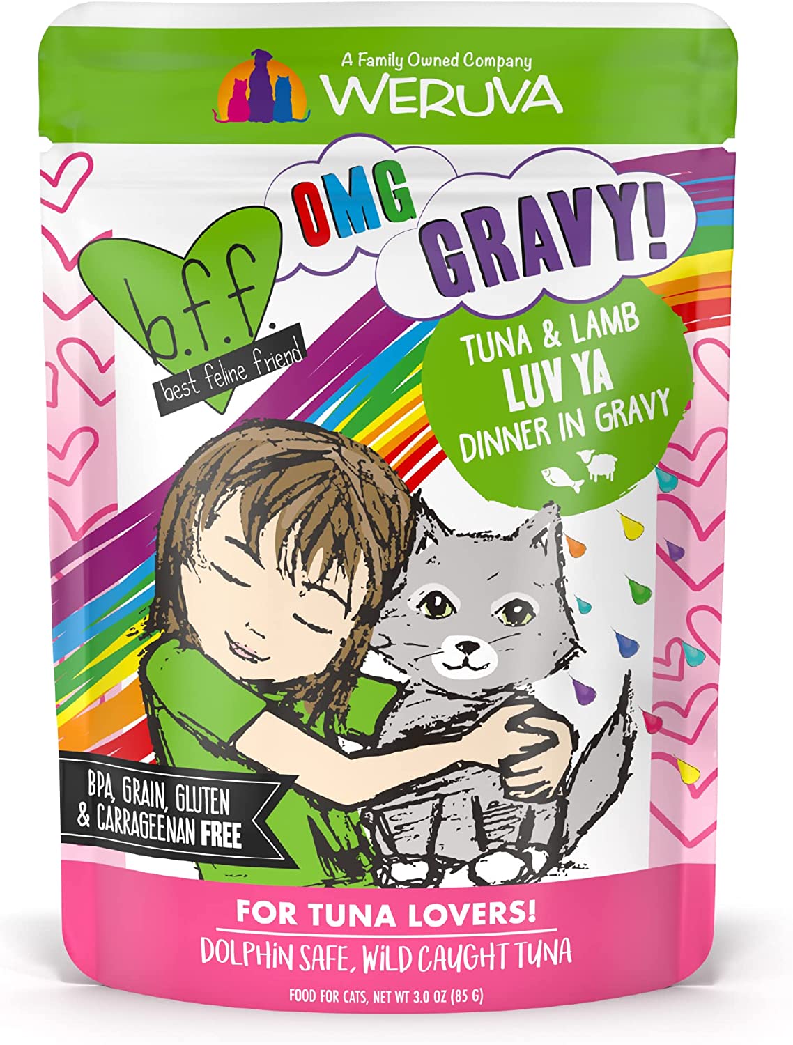 Weruva B.F.F. OMG - Best Feline Friend Oh My Gravy!， Tuna and Lamb Luv Ya with Tuna and Lamb in Gravy Cat Food， 3oz Pouch (Pack of 12)