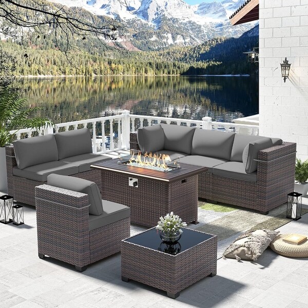 Outdoor Sectional Conversation Sofa Set with Firepit Coffee Table Cushions