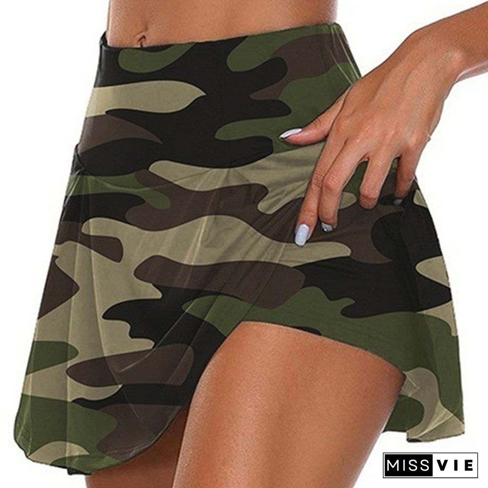 New Summer Women Camouflage Print Double-Layer Athletic Short Skirt Fitness Yoga Skirt Shorts Badminton Breathable Quick Drying Skirts Anti Exposure Tennis Skirt