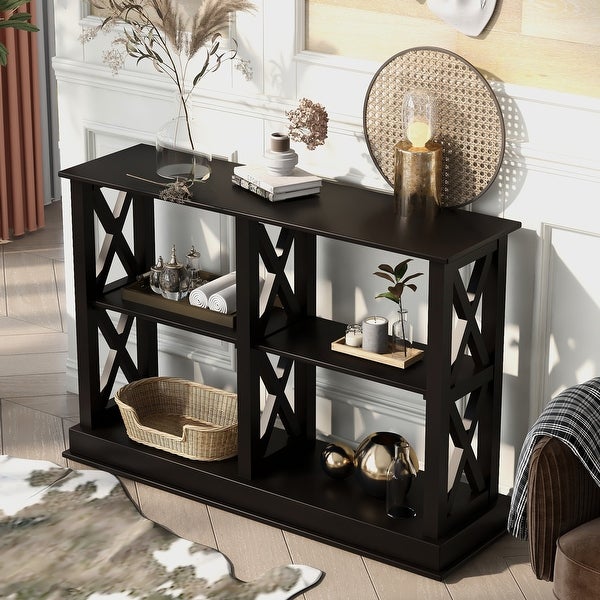 Console Table with 3 Tier Open Storage Spaces and X Shape Solid Wood Legs