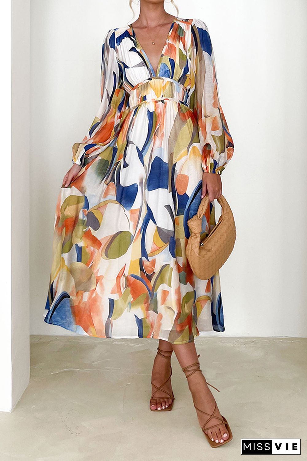 Deep V Neck Ruffle Printing Maxi Dress