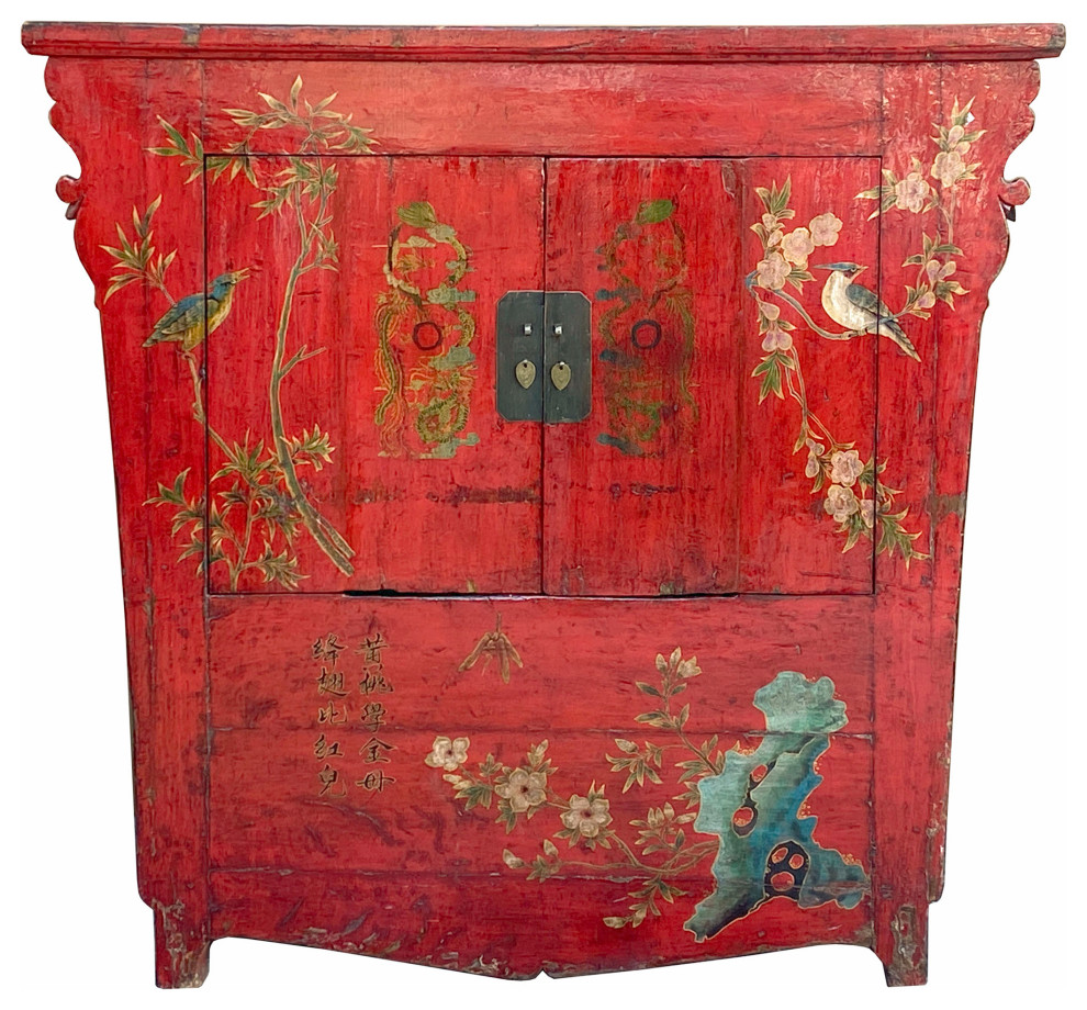 Chinese Vintage Red Golden Flower Birds Scenery Armories Storage Cabinet Hcs6035   Asian   Accent Chests And Cabinets   by Golden Lotus Antiques  Houzz