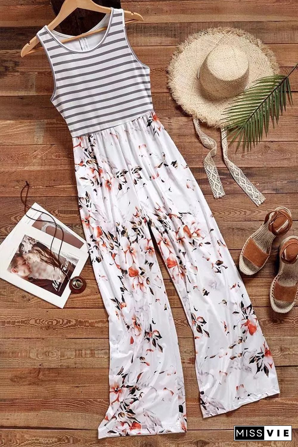 White Striped Floral Pocket Sleeveless Jumpsuit