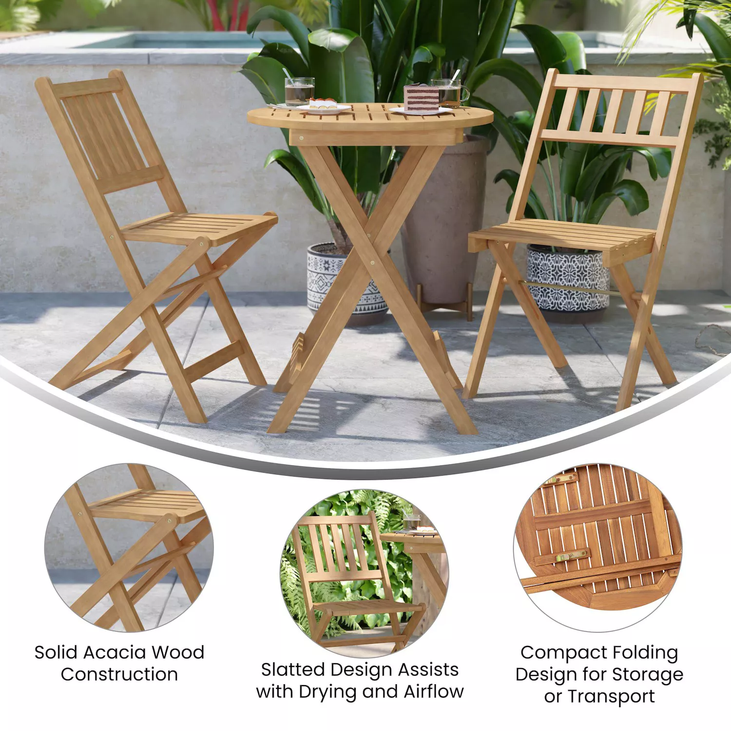 Flash Furniture Martindale Indoor / Outdoor Folding Patio Bistro Slatted Table and Chairs 3-piece Set