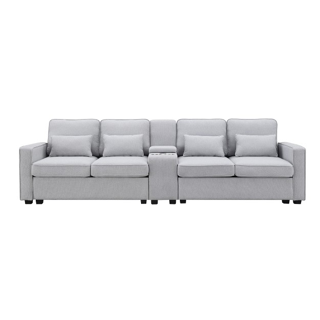 Modern Linen Upholstered Sofa With Console 2 Cup Holders 2 Usb Ports Wireless Charging And 4 Pillows Modernluxe